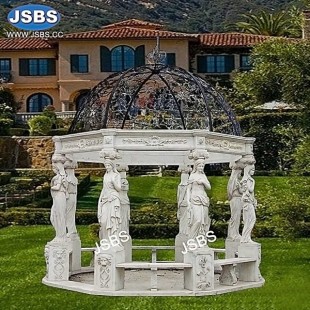 Hand Carved White Marble Gazebo with Lady Statue , JS-GZ052
